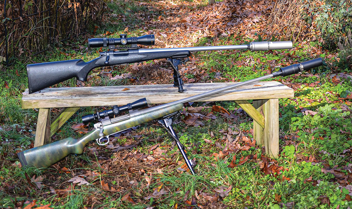 The Author’s Jarrett rifle on a Remington Model Seven action with a Nosler SR-ALTI suppressor on its 21-inch barrel in 308 Winchester (top) is a better choice for maneuvering in a ground blind or tree stand. My Webernick rifle on a long Remington 700 action with a Nosler SR-Ti on its 26-inch barrel in 257 STW (bottom) is none too long for hunting mule deer and pronghorn in open country.